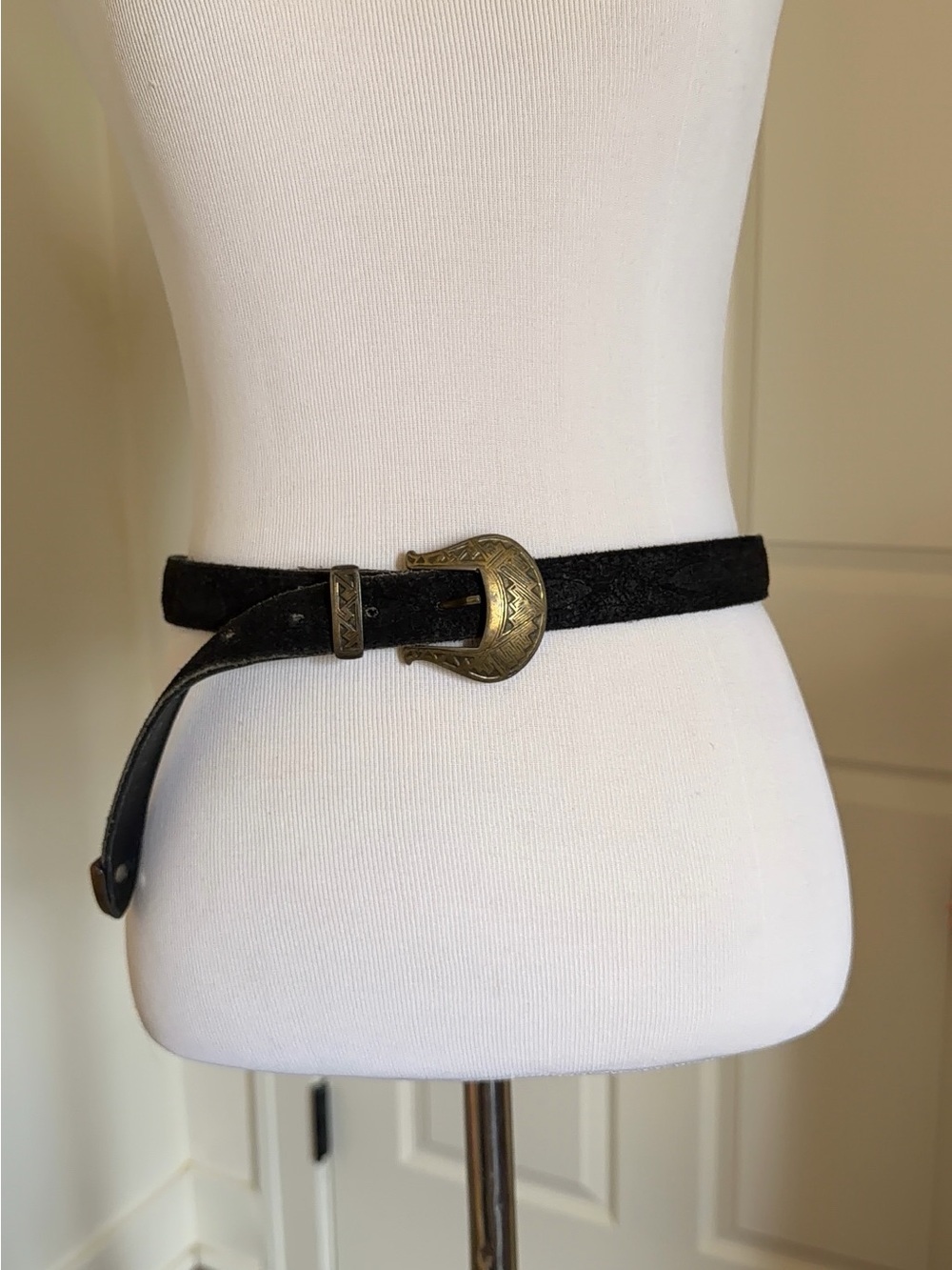 Vintage Black Suede Leather Brass Buckle Belt
